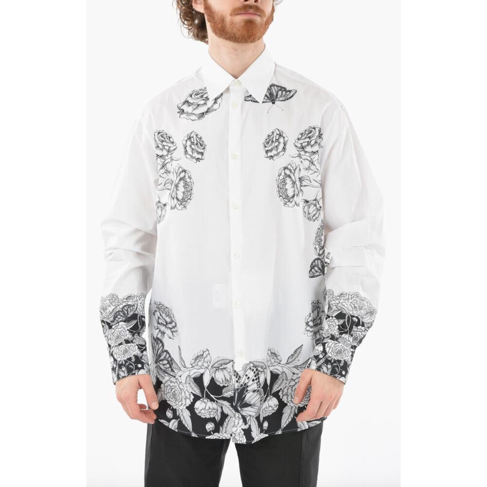 NEW Valentino Men's Blooming Print Button Down Shirt Size 43 White Black US 17
